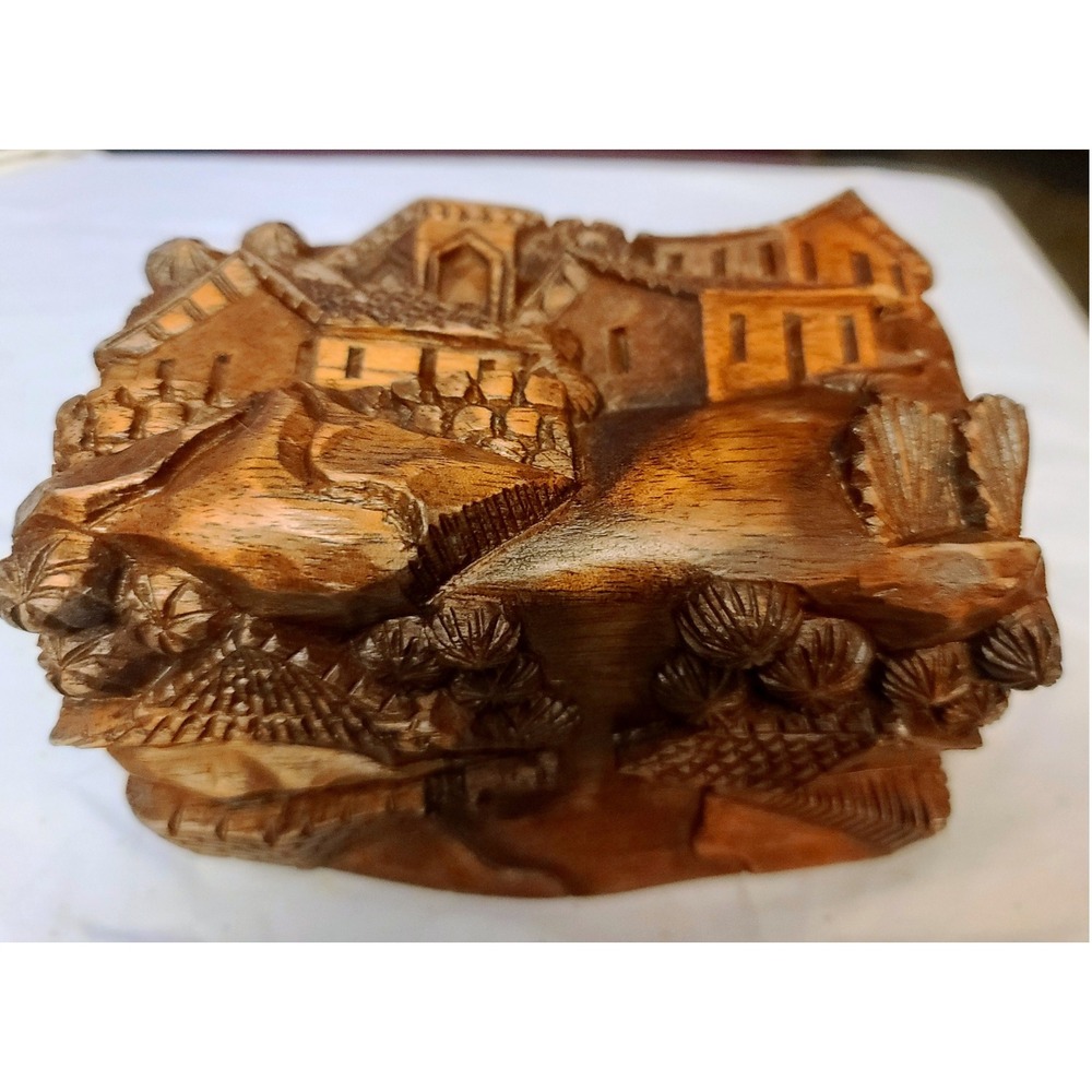 Vintage 3D Hand Carved‎ Wooden Raised Landscape Village Trinket Keepsake Chest